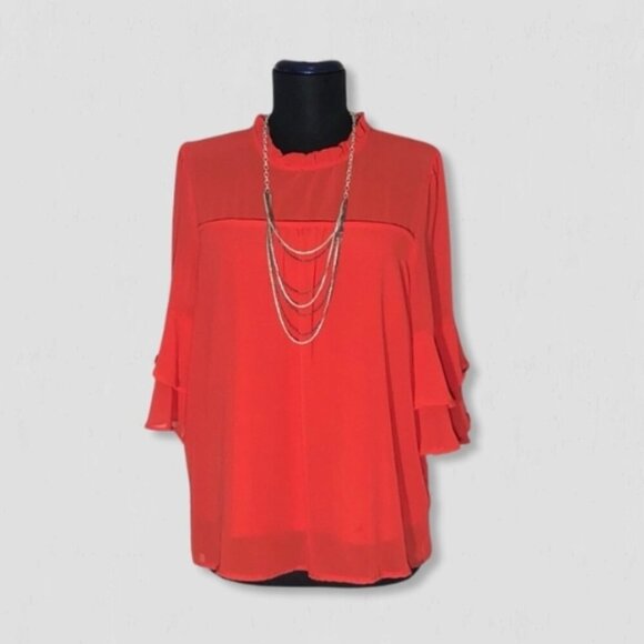 Monteau Los Angeles Blouse Bell Sleeves Chiffon Flared Ruffled Neckline Red sz L - Picture 1 of 9